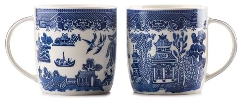UNIQUE HOME LIVING Blue Willow Barrel Mugs Set of 2, 350ml Bone China Coffee Mug Oriental Style Coffee Cups with Handle for Milk Tea Hot Cocoa (9 x 8.5cm)