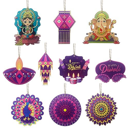 Diwali Decorations, 20Pcs Wooden Pendant Diwali Decorations for House Home, Hanging Rangoli Light Castle Diya Lantern Shape Indian Wedding Pooja Decor Ornament