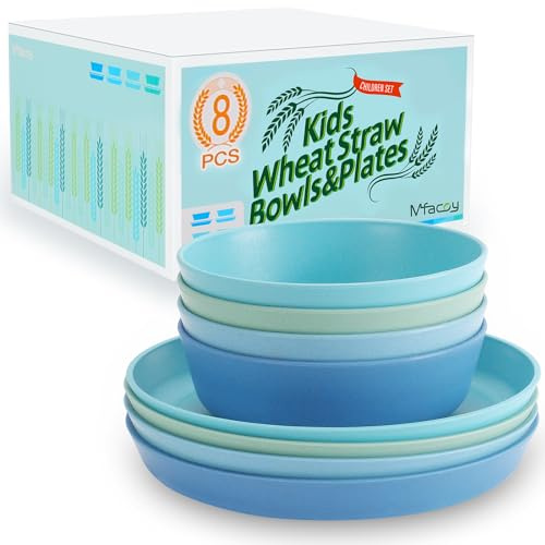 Mfacoy Wheat Straw Kids Plates and Bowls Set, Unbreakable Kids Dinnerware Set - 4 Pcs 7.75 Dinner Plates & 4 Pcs 18 oz Cereal Bowls, BPA Free, Microwave & Dishwasher Safe, Reusable Childrens Dishes