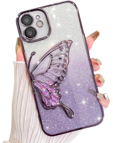 AIGOMARA Glitzer Hülle für iPhone 11 Hülle, 3D Schmetterling Dreidimensional Handyhülle mit funkelnder Treibsand, Bling Farbverlauf Karte, Kameraschutz Transparent Schutzhülle für Frauen, Lila