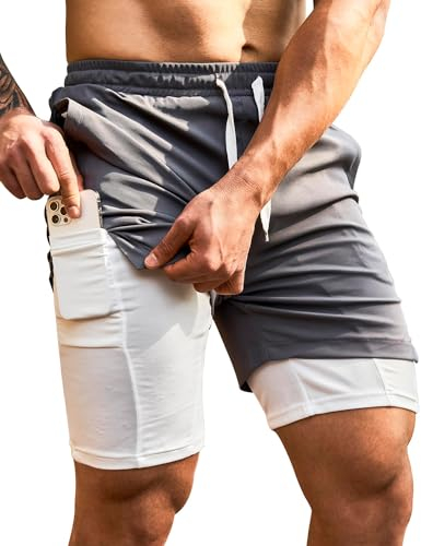MANLUODANNI Herren Sport Shorts Herren 2 in 1 Laufshorts Sommer Fitness Sporthose Kurz Running Training Schnelltrocknende Sport Shorts Mit Taschen Grau L