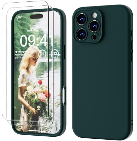 GOODVISH 3 IN 1 for iPhone 16 Pro Case 6.3 inch, Upgraded Camera Protection, 2X HD Screen Protector, Liquid Silicone Anti-Scratch Shockproof Gel Rubber Anti-Fingerprint Phone Case Cover, Dark Green