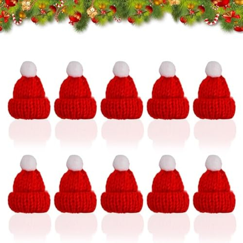 KOMUNJ 10 Pcs Mini Weihnachtsmütze, Mini Strickmützen Puppe Hut, Kleine Nikolausmützen Lutscher Mütze, Christbaumschmuck DIY Handwerk Rot