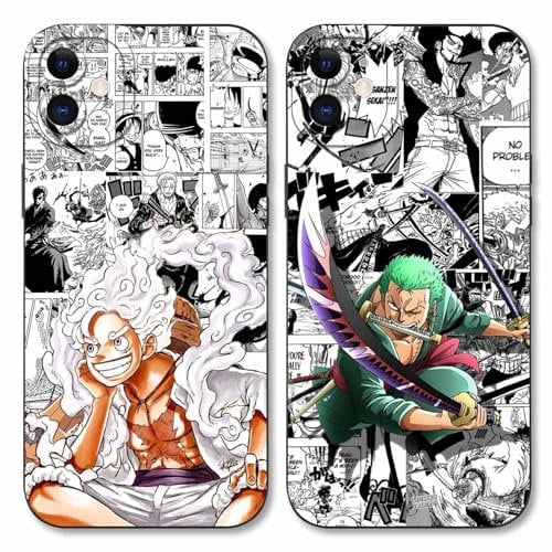 2 Pack Phone Case For iPhone 11 6.1 inch, Anime Luffy Gear 5 Nika Zoro Sun God Cartoon Pattern Shockproof Soft Aesthetics Design Full lens Protection Cover for Children Boy Girl, Black
