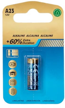 Batteria alcalina 23 A, 12 V, adatta per dispositivi elettronici. Offre energia affidabile e duratura. Presentazione in unità, ideale per l'uso quotidiano.
