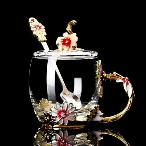 Aegistus Daisy Flower Tea Cup/Coffee Cup with Spoon and Lid Set, Flower Glass Tea Cup, Glass Coffee Cup, Cup with Spoon and Lid