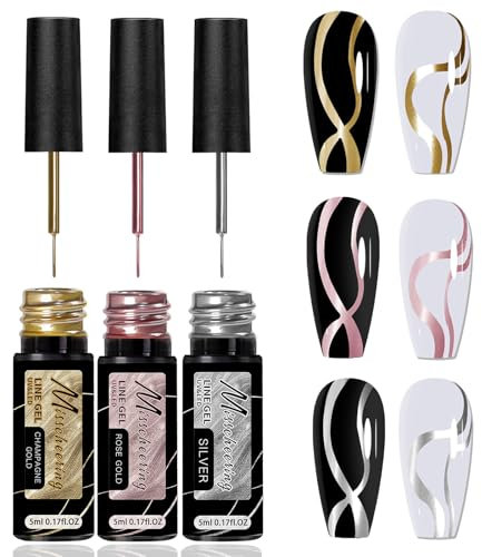 Chrome Gel Nail Polish Set: Mirror Effect Gold, Silver, Rose Gold Metallic Liners with Thin Brush