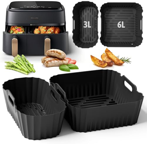 Accesorios Freidora de Aire, 2PCS Molde Silicona Freidora de Aire para Philips Dual Basket Airfryer 3000-5000 serie 9L (6L/3L), Reutilizable Accesorios Freidora para Philips NA350/00 9L