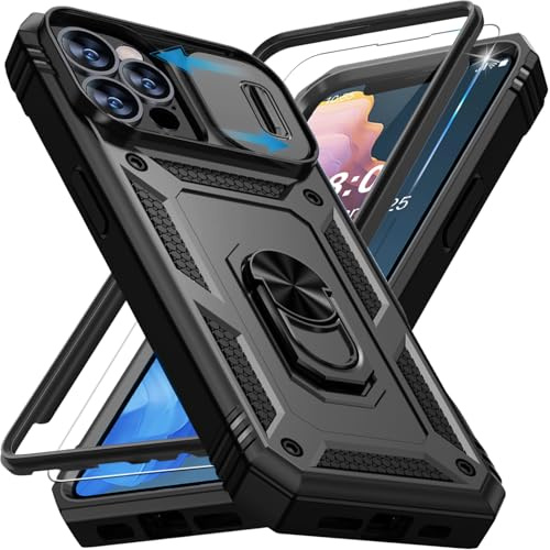 Giyer Handyhülle für iPhone 13 Pro Max Hülle mit Schutzfolie, Panzerhülle Case mit Kameraschutz 360° Metall Ring Ständer Stoßfest Bumper Schutzhülle für iPhone 13 Pro Max Cover Tache (Schwarz)