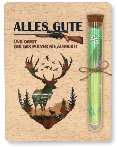 ZUKLA Verpackung für Geldgeschenke - 13 x 10 cm - mit Reagenzglas - Jäger Geschenke für Männer - Jägerin Geschenke - Holz Geldgeschenk