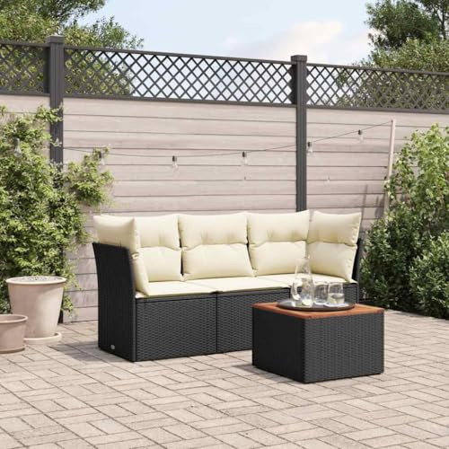 JHQHSM 4-TLG. Garten-Sofagarnitur mit Kissen Schwarz Poly Rattan PE-Geflecht Outdoor-Möbel Set mit Akazienholz Tisch und Stauraum