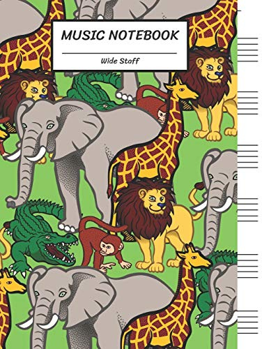 Music Notebook Wide Staff: African Animal Elephant Lion Monkey Giraffe Crocodile Group/Blank Music Sheet Notebook,Staff Paper,Music Manuscript Paper,6 ... Pages,For Boys,Girls, Kids, Beginners.