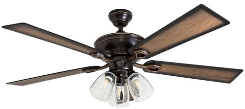 Prominence Home 40278-01 Glenmont Rustic Ceiling Fan with Barnwood Blades, LED Edison Bulbs, 3 Seeded Glass Fixtures, 52 Inches, 5 Blade, Oil-Rubbed Bronze