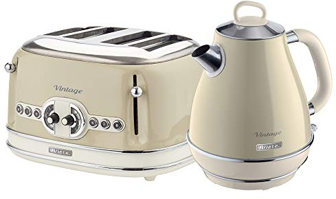 Ariete ARPK19 Retro Style Jug Kettle and 4 Slice Toaster Set, Vintage Design, Beige