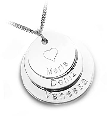 Personalisierte Familienkette, Drei Runde Anhänger mit Namen, Herz, Gravur, 925 Silber, Namenskette für Damen