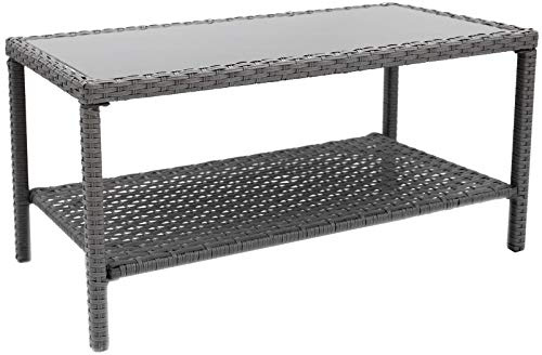 C-Hopetree Small Outdoor Coffee Side End Table for Outside Patio Storage, Gray All Weather Wicker with Glass Top, Rectangle