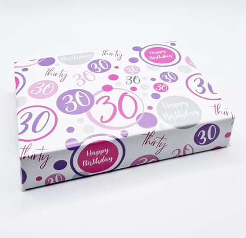 Geschenkpapier zum 30. Geburtstag, 2 Bögen + 2 passende Geschenkanhänger für Frauen, zum 30. Geburtstag, Rosa, Lila, Weiß, Geschenkpapier für Frauen