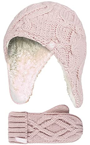 HEAT HOLDERS - Mädchen StrickMütze mit Pom Pom und Ohrenschutz und Fäustlinge (3-6 Jahre, altrosa)