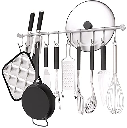 OKEPOO Bar Utensil Holder Kitchen Hanging Spoon Racks, 20 inch Wall Mounted Hanger with 10 Pcs Noiseless Sliding Hooks, Cooking Rail Bar Rack Organizer, 304 Stainless Steel. (Silver)