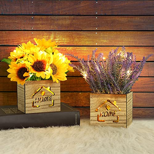AceList 2 Pcs Fake Plants Indoor with LED Light Lavender & Sunflower in Wooden Box, Decorative Artificial Plant Indoors in Pots, Artificial Flowers in Vase, Silk Fake Flower for Home & Room Decoration