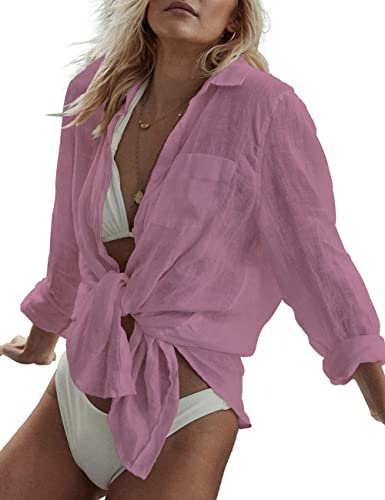 Bsubseach Swimsuit Cover Up for Women Button Down Beach Shirt Blouses Bathing Suit Cover Up Swimwear Pink