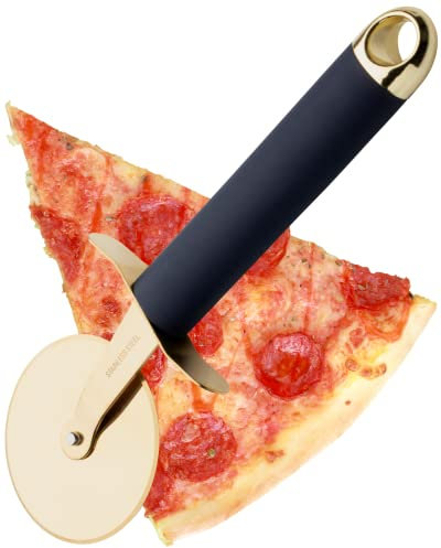 Pizzaschneider, Stahl, stabile Edelstahlkonstruktion. Rasiermesserscharfer Pizzaschneider, weicher Griff, Sicherheits-Fingerschutz. Gut für Gebäck, Nudeln, Teig. 5 Jahre Garantie, Blau und Gold