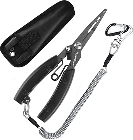 supregear Fishing Pliers, Multi-Functional Lightweight Stainless Steel Fishing Plier, Fishing Gear with ABS Handle, Line Cutter Hook Remover Tool with Safety Coiled Lanyard and Nylon Sheath, Black