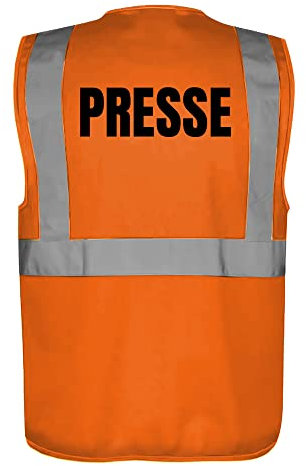 Fassbender-Druck WARNWESTEN - Sicherheitsweste ORANGE mit Taschen und Reißverschluss nach EN ISO 20471 zertifiziert - Warn Weste für PRESSE - Unisex mit hochwertigem Reflektorstreifen