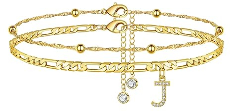 TINGN Fussketten für frauen, Gold Fußkettchen für Damen Fußkette mit CZ Buchstaben J Doppelte Verstellbar Fußketten Frauen Mädchen Tochter Freundin Personalisierte Geschenk