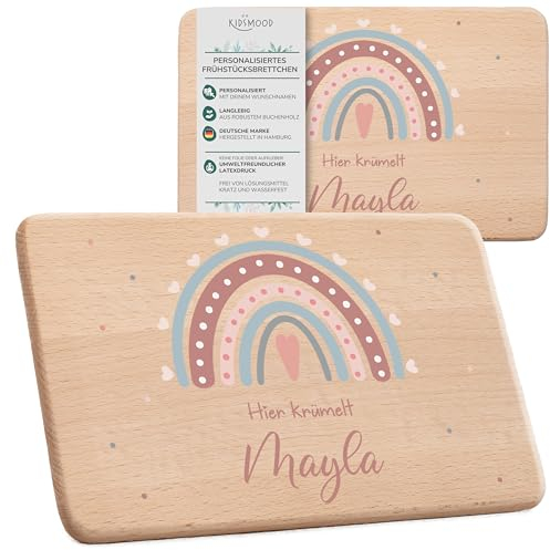 KIDSMOOD - Individuelles Holzbrett Kinder Holz, Niedliches Frühstücksbrettchen personalisiert mit Wunschnamen Regenbogen-Motiv, Als Taufgeschenk und Babygeschenk