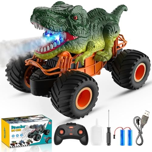 HappyGoLucky Dinosaur Remote Control Cars, 1:16 Scale Monster Truck Toy with Spray Roar LED Lights, 2.4GHz Rc Car Boys Toys Age 3-8, Kids Toy Gifts for 3-8 Year Old Boy Christmas Xmas Gifts for Kids