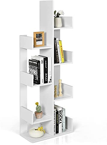 GOPLUS Bücherregal mit 8 fächern, Baumförmiges Standregal, Aufbewahrungregal Raumteiler Regal für Wohnzimmer & Büro, 50 x 25 x 145 cm (Weiß)