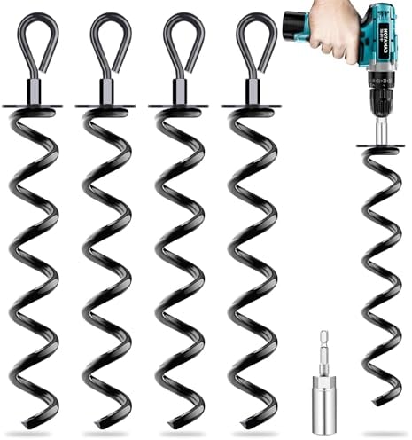 Kamfwert Lot de 4 ancrages au sol avec adaptateur, ancrages au sol pour trampoline, kit d'ancrage pour abri en spirale pour sécuriser les tentes, auvents, bâches, trampolines, balançoires (noir)