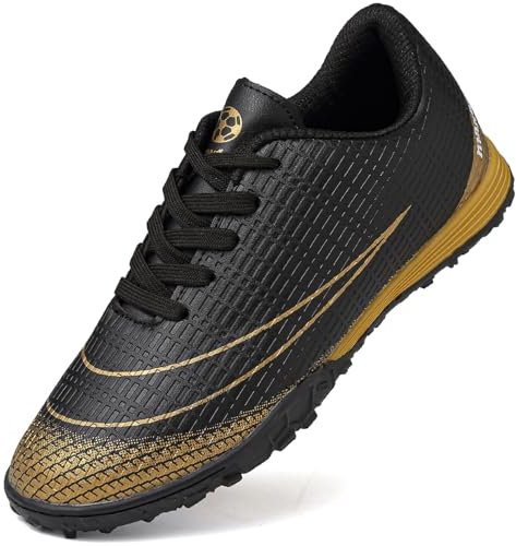 Lvptsh Boys Girls Football Boots Kids Athletic Soccer Cleats Shoes Indoor Outdoor Spikes Football Competition Shoes Boy's Sneakers,BlackGold,EU36