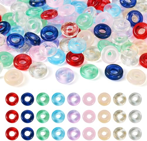 Bestewelry 90 perline europee in vetro trasparente, colorate, a forma di ciambella, con foro grande, piatte e rotonde, perline distanziatrici per braccialetti fai da te, collane, artigianato,