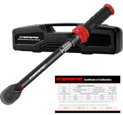 ATsafepro Clé dynamométrique 1/2 pouce 20-230 Nm, clé dynamométrique de roue ajustable à double direction, précision ± 3% Clé dynamométrique à cliquet 72 dents pour l'entretien automobile