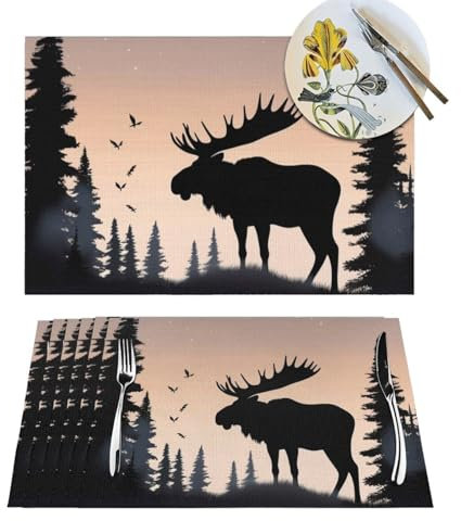 Gewebte Platzsets, hitzebeständig, Elch, Bergkiefer, Wildnis, 1 Stück, waschbar, Tischset für Esstisch, Platzset für Küche, Picknick, Party
