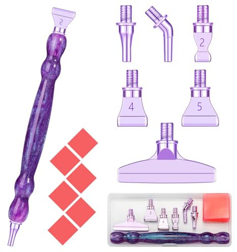Snewvie Diamond Art Painting Pen Accessories Tools Set,1Pcs Ergonomic Resin Diamond Drill Pen and 6Pcs Purple Stainless Steel Metal Screw Thread Multi Placer Tips and 6 Glue Clay