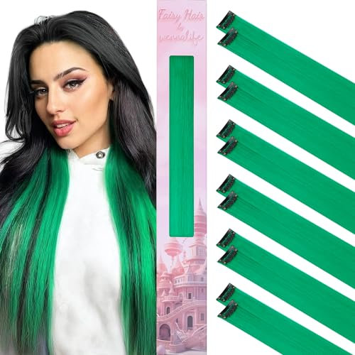 WENNALIFE 12 Stück Grün Haarsträhnen Zum Einklipsen Haarsträhnen Kinder, Clip in Haar Extensions Bunte Haarsträhnen Kinder Haare zum Einflechten Mädchen Gerade Party Haarverlängerungen Zubehör