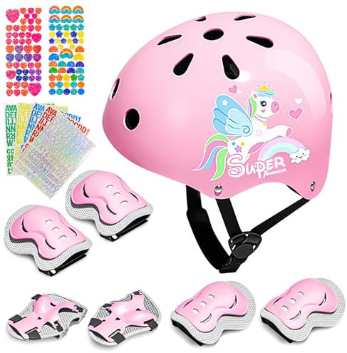 FALUCKYY Kids Bike Helmet,7PCS Unicorn Kids Helmet-Knee & Elbow Pads Wrist Guards,Snow Ski Helmet Skateboard Helmet Scooter Helmet for Cycling Roller Skating(Pink)