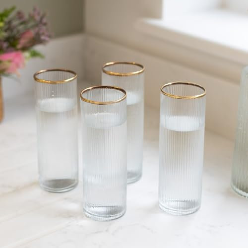 Culinary Concepts London Set of Four Ribbed Recycled Glass High Balls with Gold Rim