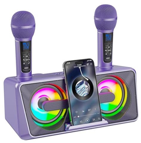 Karaoke Machine for Adults and Kids with 2 UHF Wireless Microphones,Portable Bluetooth Singing Speakers PA System with disco lights Phone Holder for Home Party,Picnic,Car,Outdoo/Birthday Gifts