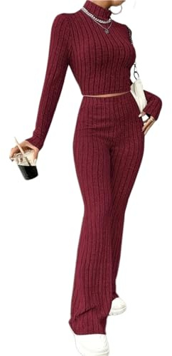 Onsoyours Zweiteiler Damen Anzug Set Grobstrick Oberteile Langarm Rollkragen und Hosen Freizeitanzug Undershirt Crop Top Stretch Slim Fit Hosenanzug Strickanzug A Weinrot M