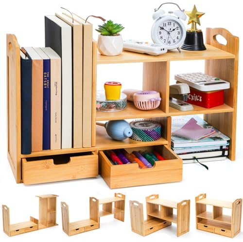 Eorbow Bambus-Bücherregal, erweiterbares Theken-Bücherregal, Aufbewahrungsregale, Organizer mit Anti-Rutsch-Pads, niedlicher kleiner Schreibtisch-Display, Ablage für Bürobedarf, keine Montage