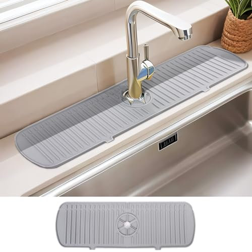 Nicola Kitchen Sink Splash Guard, Silicone Faucet Mat for 1.35-2.35in Faucets Handle, Non-Slip Silicone Draining Mat for Kitchen Bathroom Counter, Drying Mat Tap Mat (Grey, 17.7x5.7in)