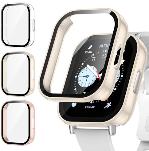 [3Piezas]Kamita Funda para Xiaomi Redmi Watch 5 Lite, Shockproof Duro PC Bumper Case con Protector de Pantalla Cristal Templado, Carcasa Protectora Integral para Redmi Watch5 Lite (Claro+Rosa+Blanco)