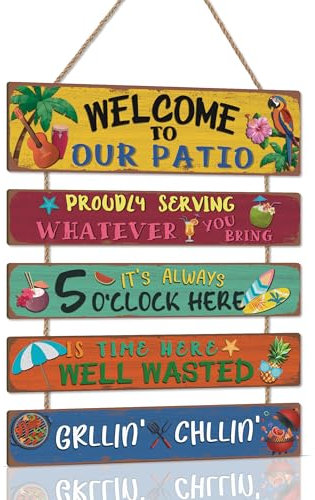 KAIRNE Welcome to Our Patio Wall Sign Summer Garden Hanging Wooden Sign Outdoor Pool Decor It’s 5 O’clock Hawaii Beach Backyard Wood Plaque for Farmhouse Home Party Bar Plaque