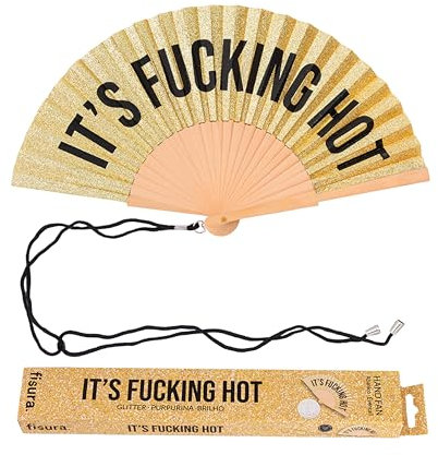 Fisura – Original Folding Fan with F*cking Hot Message. Modern, Colourful Wooden Fan with Golden Glitter. Hanger included. Size: 42.5 x 23 cm