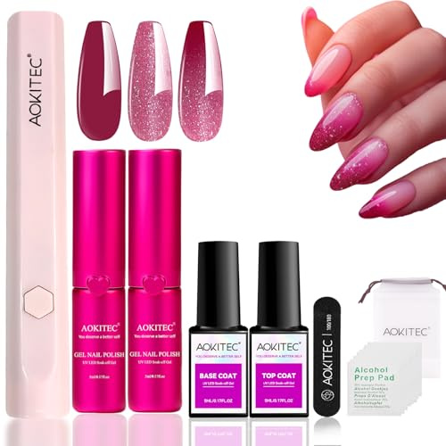 Aokitec Gel Nails Starter Kit with Lamp: Rose Red and Glitter Gel Nail Polish Set with Handheld Nail UV Light with Base and Top Coat Salon Kit for Manicure DIY at Home Travel Gifts for Women