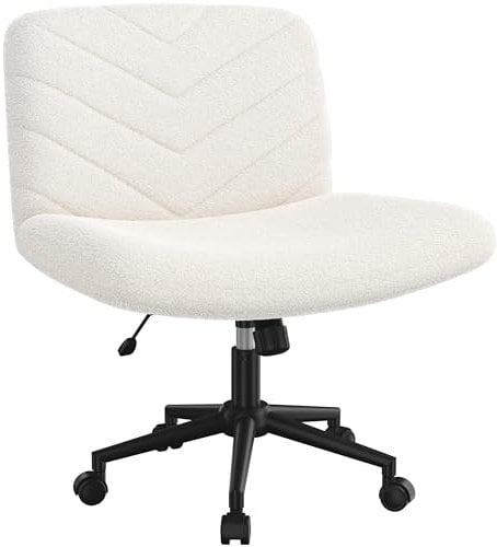 Yaheetech Wide Seat Cross Legged Office Chair, Adjustable Armless Office Chairs with Wheels, Vanity Chair Criss Cross Chair Swivel Computer Chairs, Ivory